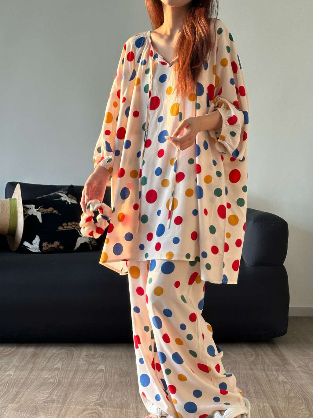 Colorful Polka Dot Cotton Silk Home Wear Set Pajamas by painevida