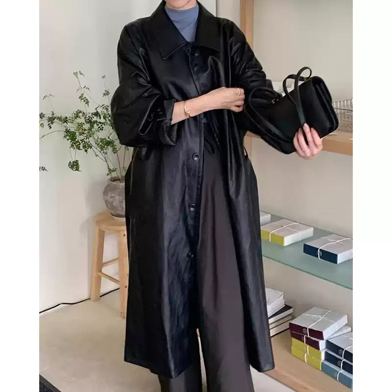 Lapel Tie Single-Breasted Long PU Leather Jacket