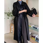 Lapel Tie Single-Breasted Long PU Leather Jacket