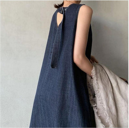 Literary Denim Tie Back V-Neck Long Dress