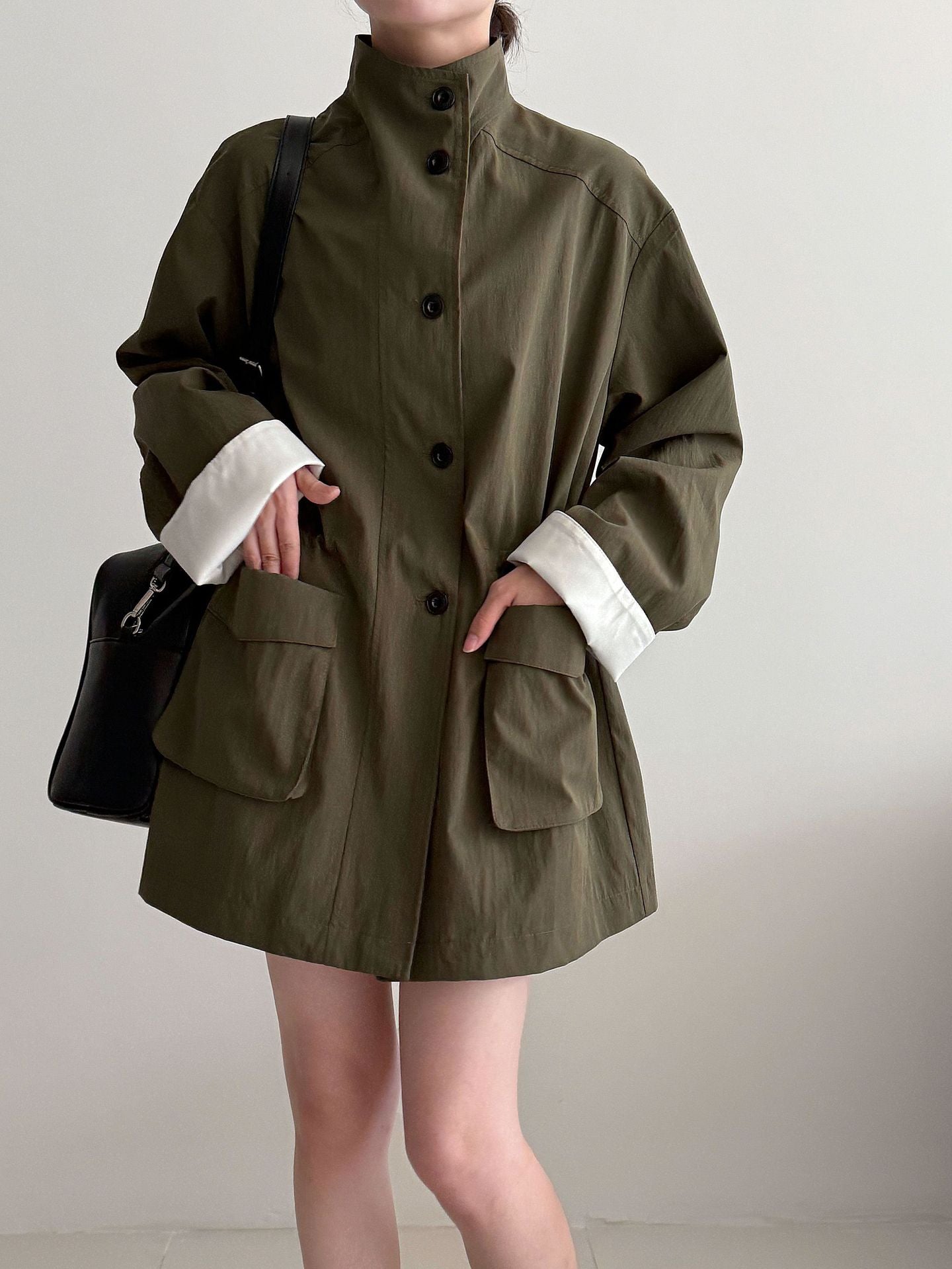 Stand Collar Loose Drawstring Large Pocket Windbreaker Jacket