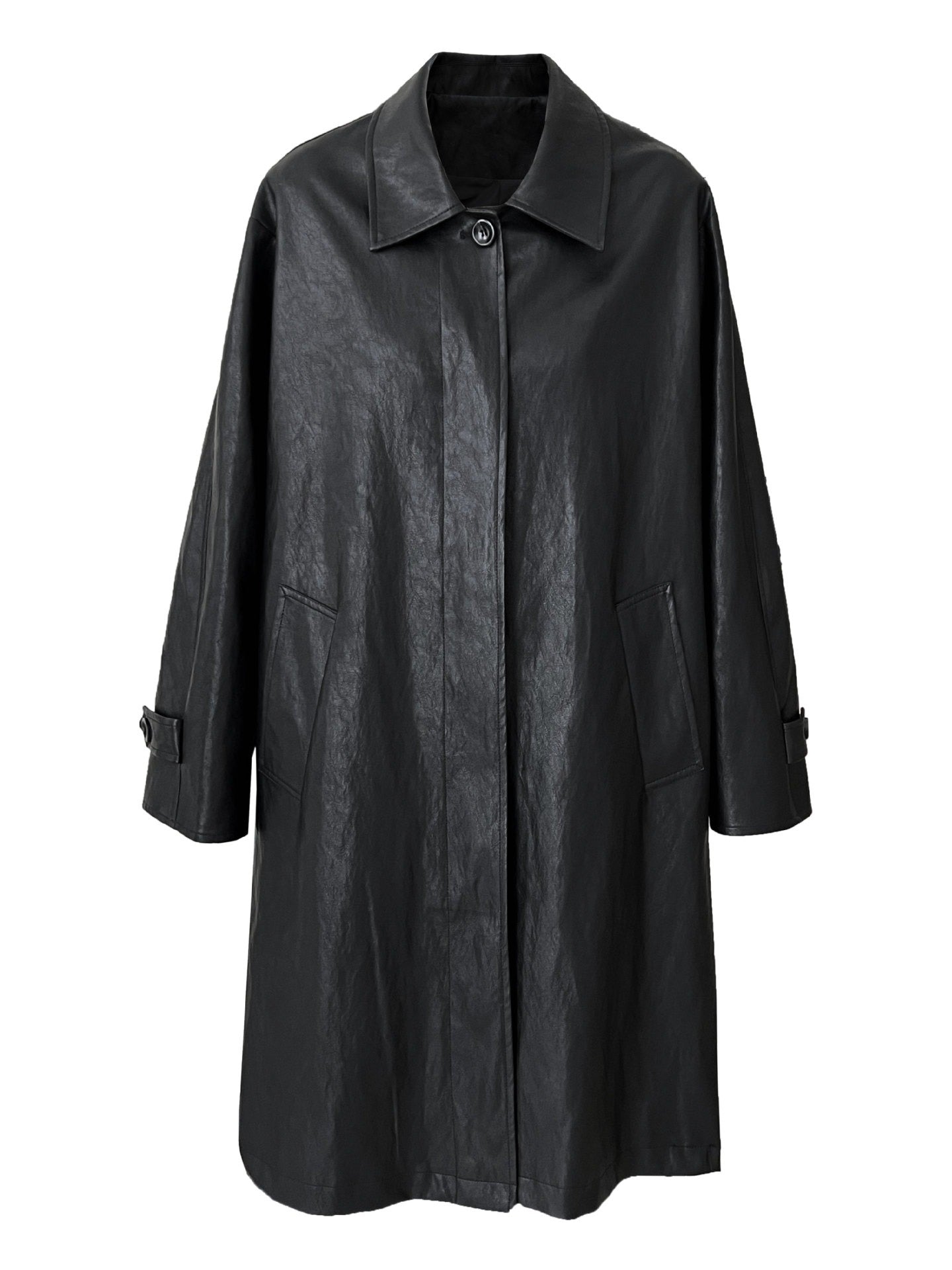 Vintage PU Lapel Leather Mid-length Windbreaker Jacket