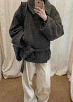 Short Stand-up Collar Wool Tie Coat