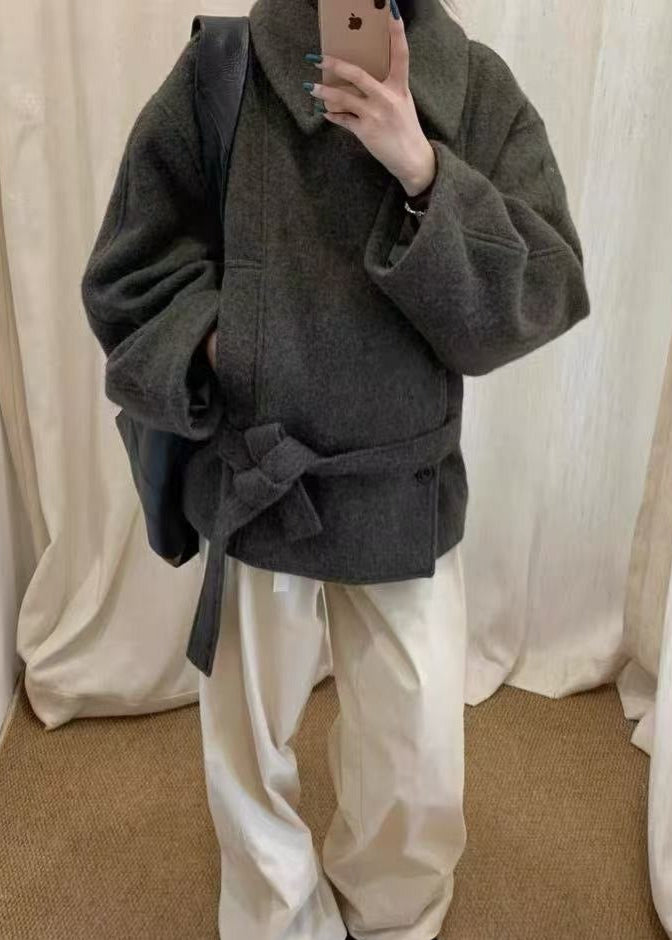 Short Stand-up Collar Wool Tie Coat