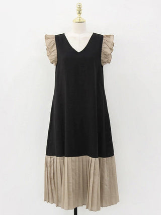 V-Neck Contrast Panel Pleated Dress