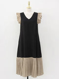 V-Neck Contrast Panel Pleated Dress