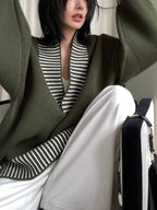 Loose Green Stripped V-neck Sweater by painevida