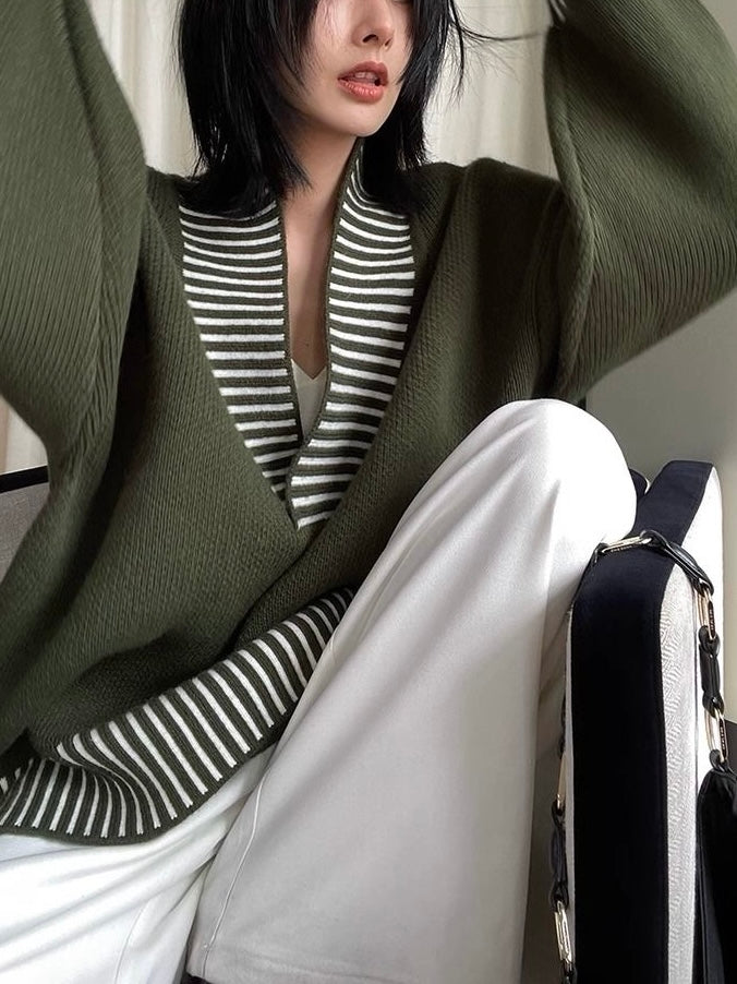 Loose Green Stripped V-neck Sweater