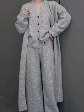 Casual Knitted Three-piece Set Slim Fit Vest with Cardigan and Wide-leg Pants
