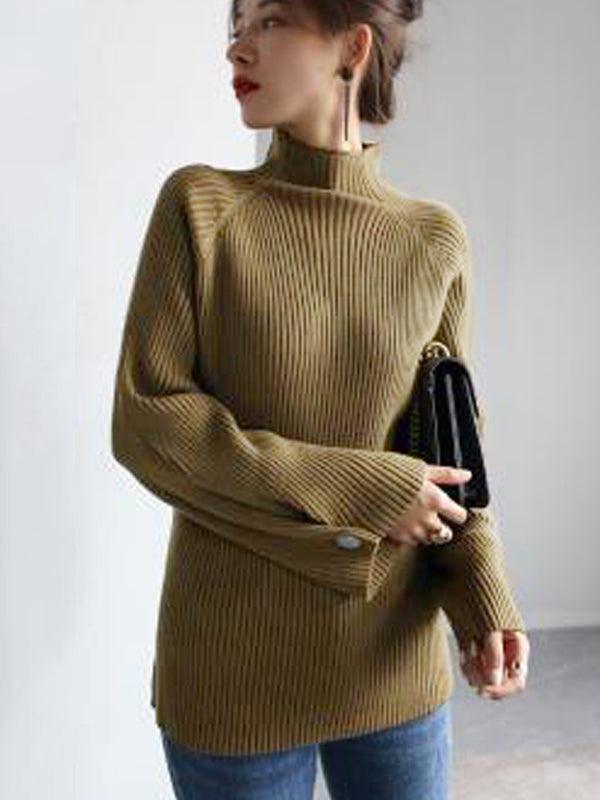 Simple Loose Solid Color High-Neck Sweater by painevida