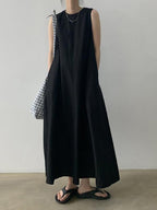 Chic Simple Solid Color Sleeveless Ramie Cotton Loose Dress