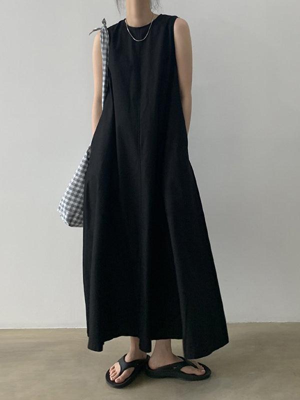 Chic Simple Solid Color Sleeveless Ramie Cotton Loose Dress