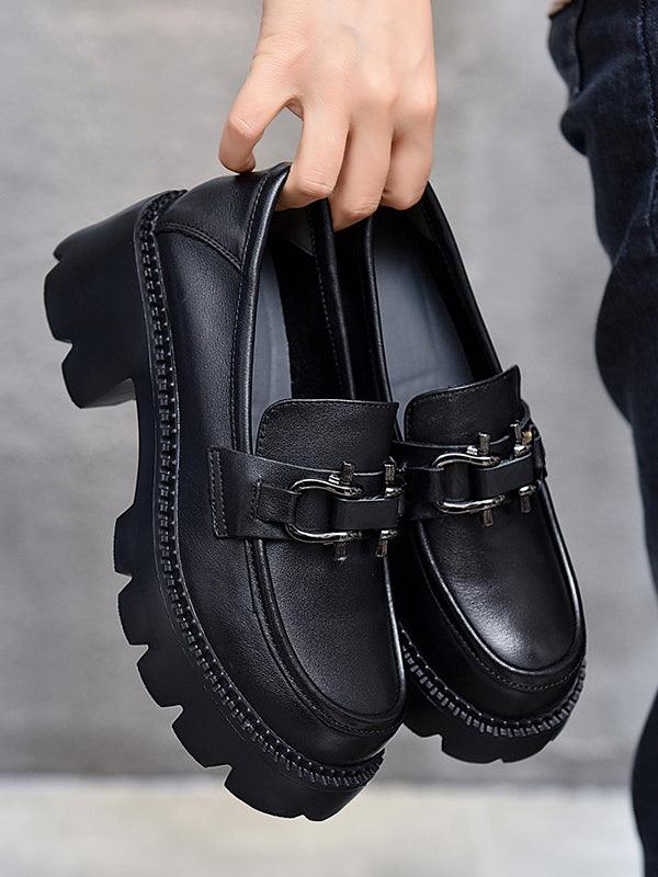 Vintage Black&Brown Solid Color Loafers Platform Shoes