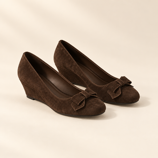 Brown suede bow wedge pumps