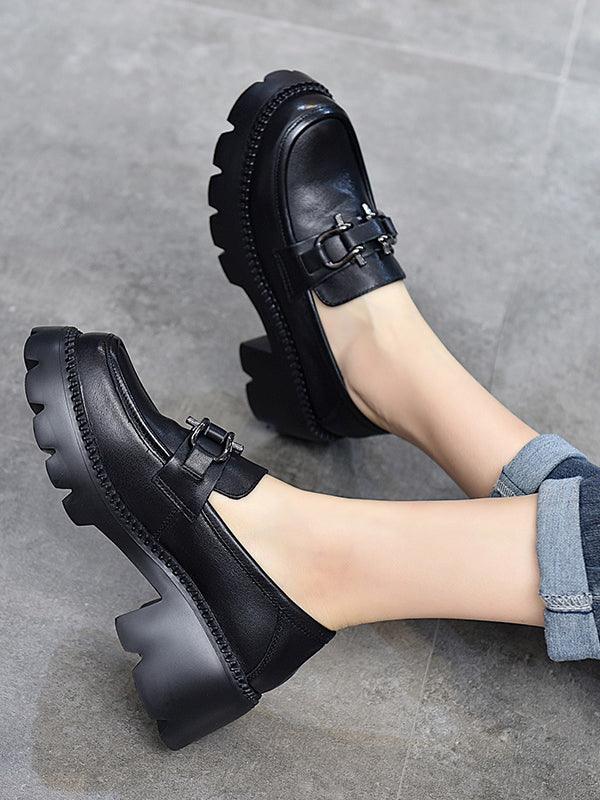 Vintage Black&Brown Solid Color Loafers Platform Shoes