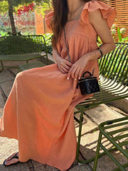Square Neck and Fungus Trim Paneled Pleated Fly Sleeve Dress