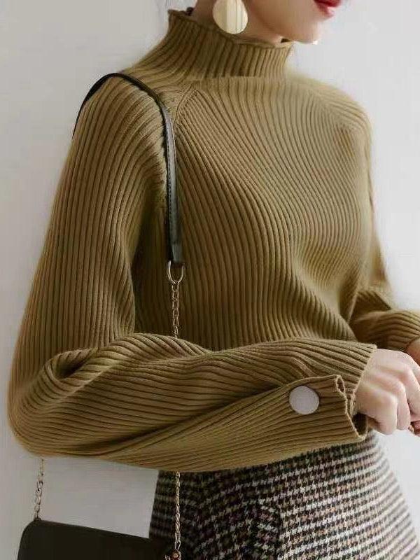 Simple Loose Solid Color High-Neck Sweater by painevida