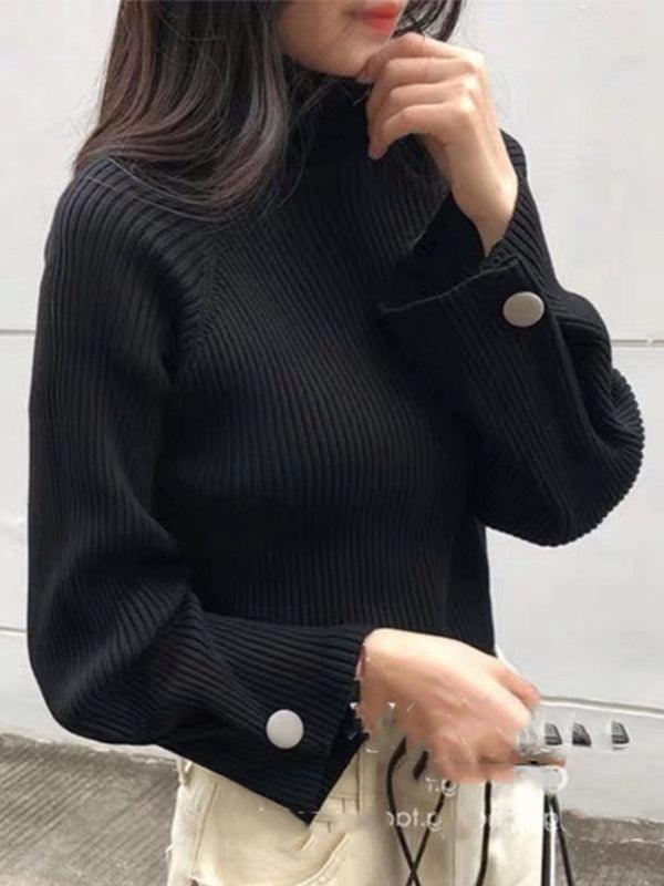 Simple Loose Solid Color High-Neck Sweater by painevida