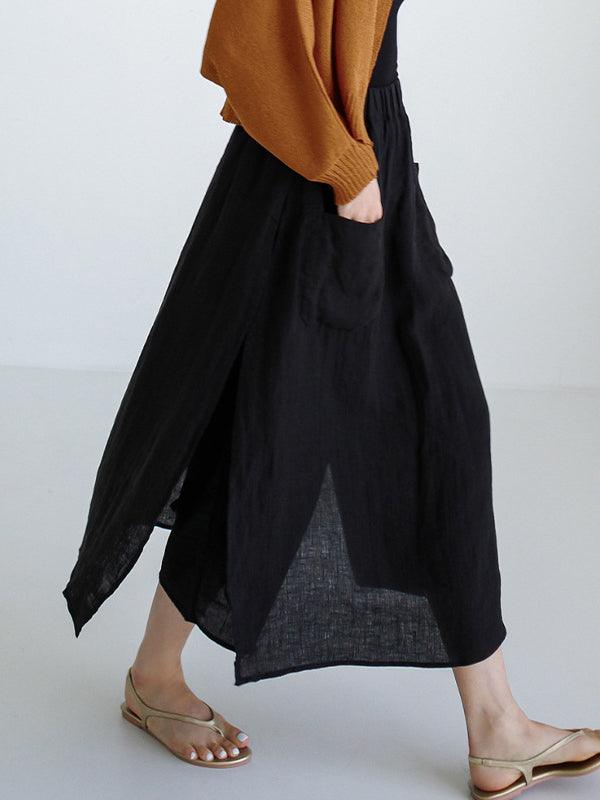 100% Linen Cotton Wide-Leg Skirt Pants by painevida
