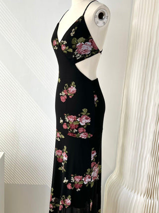 Vintage Rose Floral Backless Black Long Dress