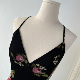 Vintage Rose Floral Backless Black Long Dress