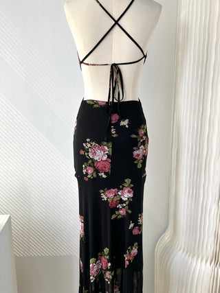 Vintage Rose Floral Backless Black Long Dress