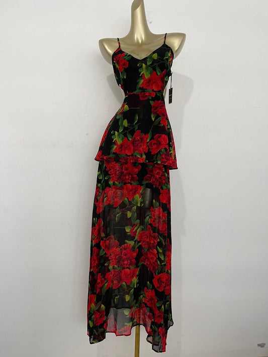 Red Rose Floral V-Neck Long Dress