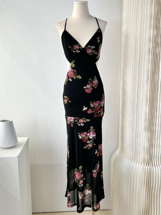 Vintage Rose Floral Backless Black Long Dress