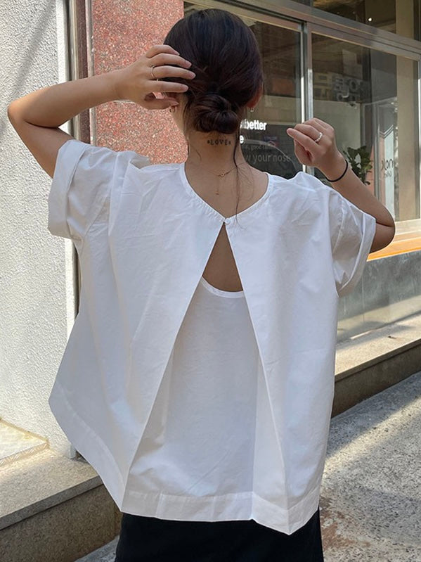 Back Hollow Round Neck Simple T-Shirt by painevida