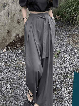 Pleated Asymmetrical Ties High-waisted Wide-leg Pants