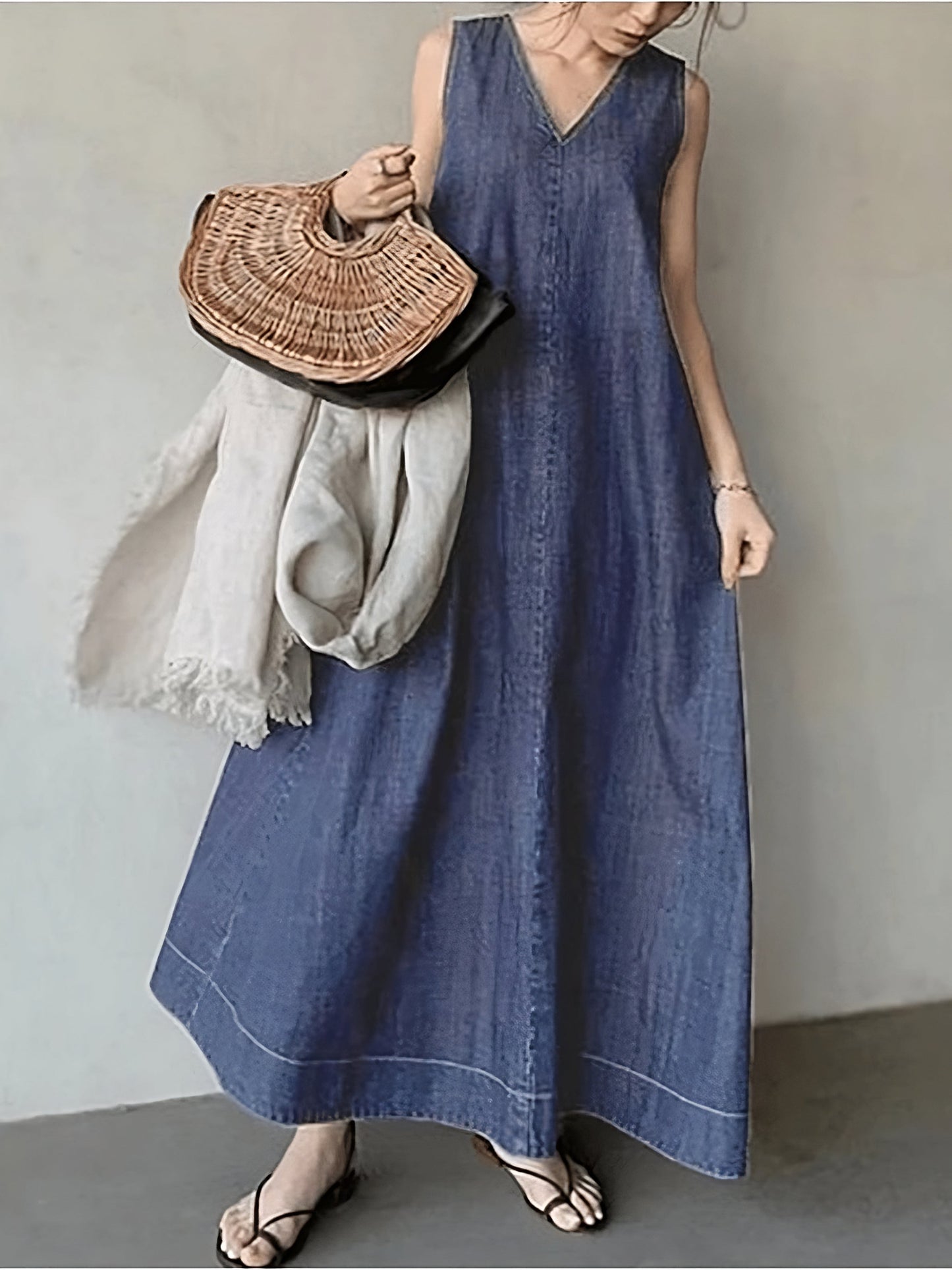 Literary Denim Tie Back V-Neck Long Dress