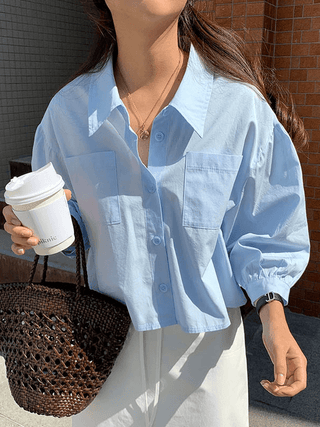 Chic Sky Blue Lapel Casual Shirt Top – painevida