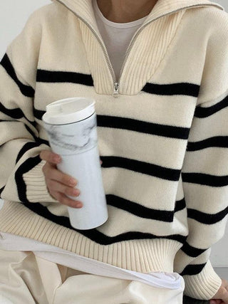 Lapel Zip Stripe Loose Long Sleeve Pullover Knit Sweater – painevida
